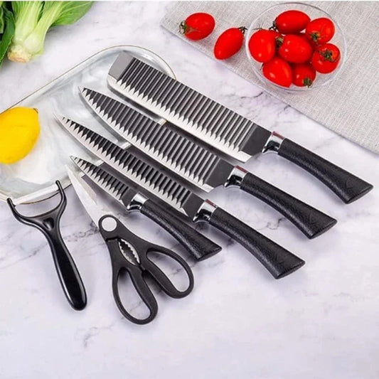 Conjunto de ferramentas de 6 peças, facas de onda preta, faca de aço inoxidável, faca de chef, faca de frutas - Domfyshop