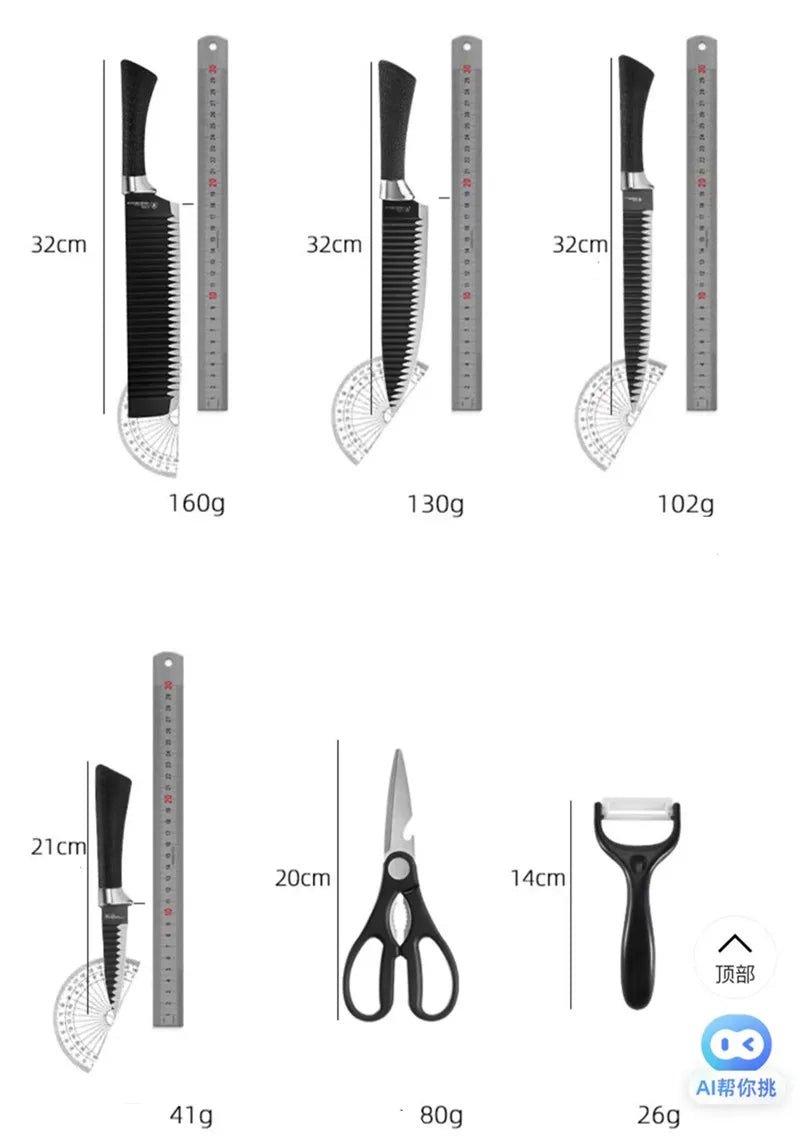 Conjunto de ferramentas de 6 peças, facas de onda preta, faca de aço inoxidável, faca de chef, faca de frutas - Domfyshop