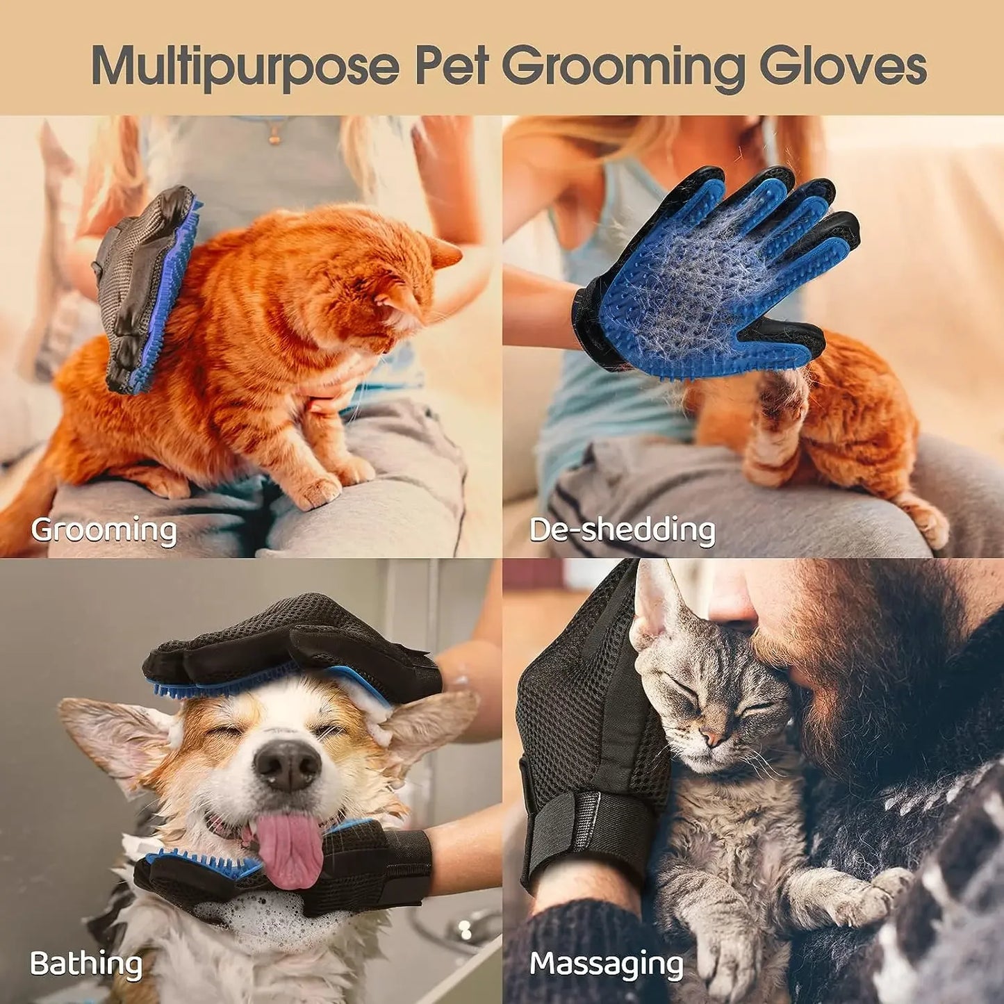 Luvas para cuidados com animais de estimação, escovas para gatos, remoção suave e eficiente de pelos de animais de estimação, luvas para lavagem de cães, gatos e cavalos - Domfyshop